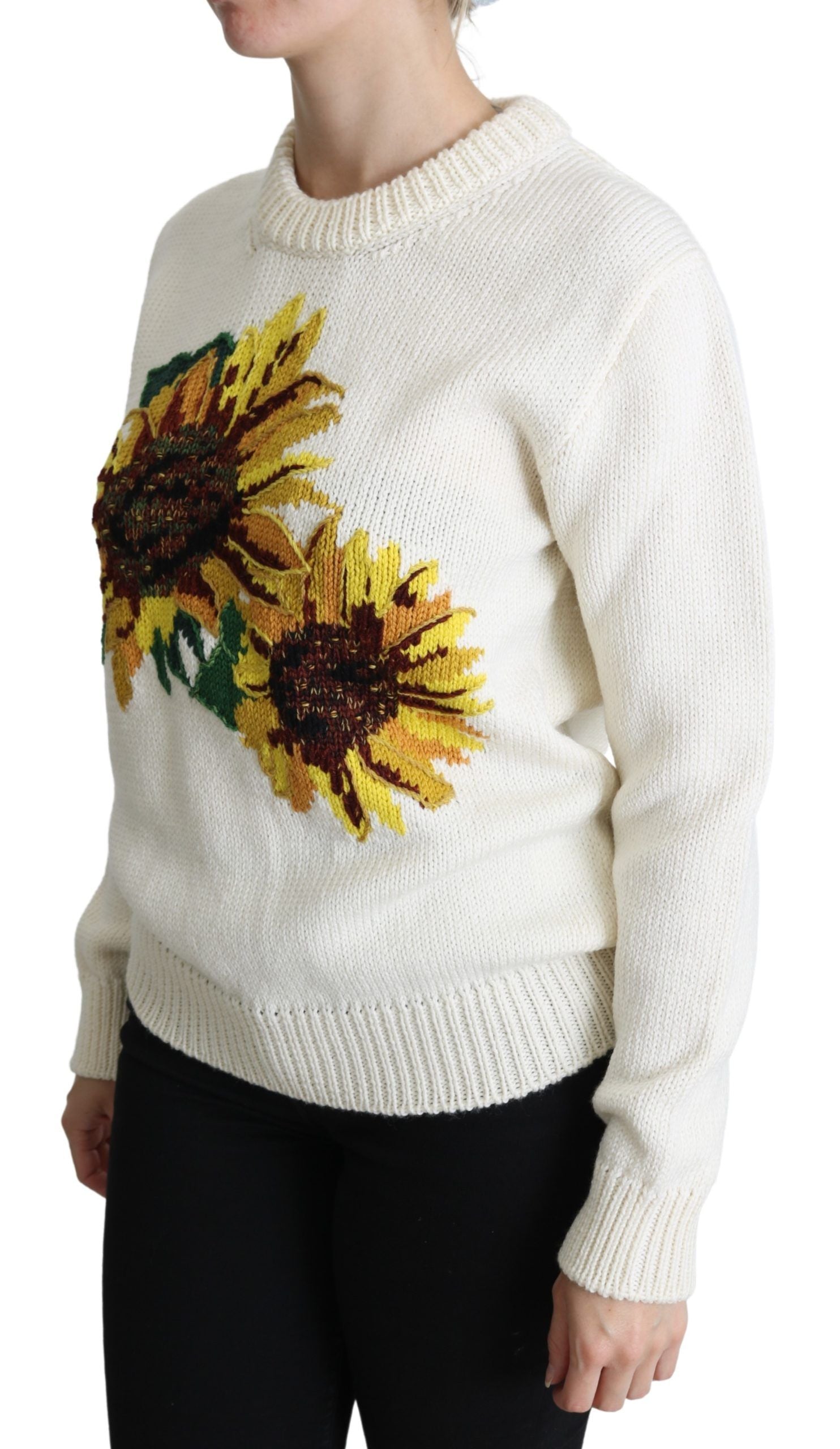 Pull en laine blanc à fleurs Dolce & Gabbana avec motif tournesol, douceur et élégance pour un style raffiné.
