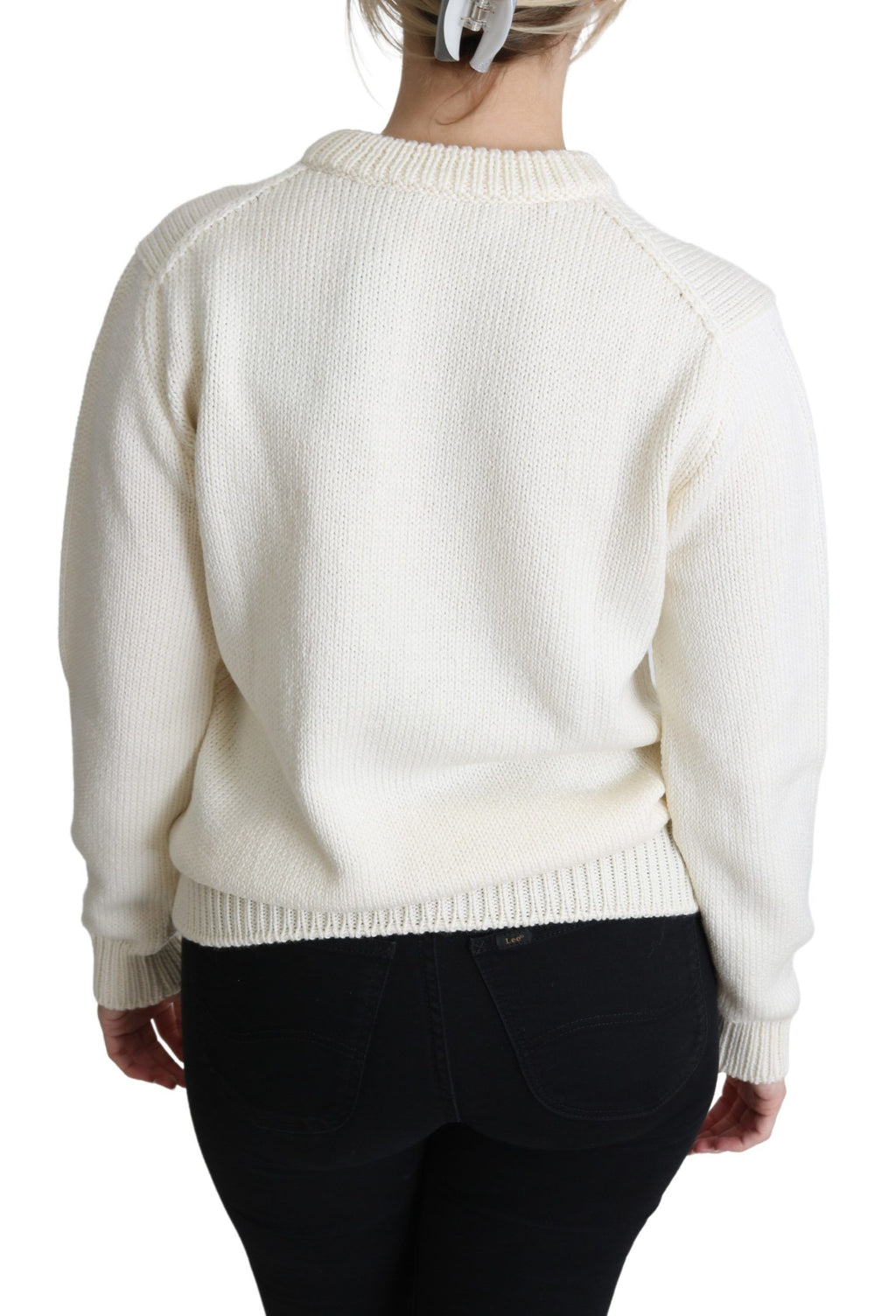 Pull en laine blanc Dolce & Gabbana avec motif floral et tournesol, design élégant et confortable.