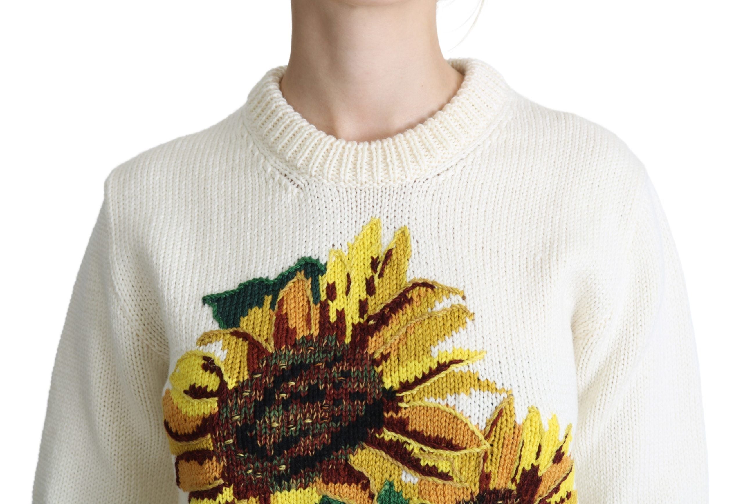 Pull en laine blanc à fleurs avec tournesols de Dolce & Gabbana, pull-over élégant avec motif floral.