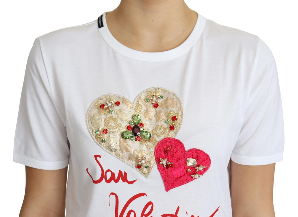 T-shirt blanc Dolce & Gabbana San Valentino avec cœurs en cristaux, style élégant et romantique, pour femme.