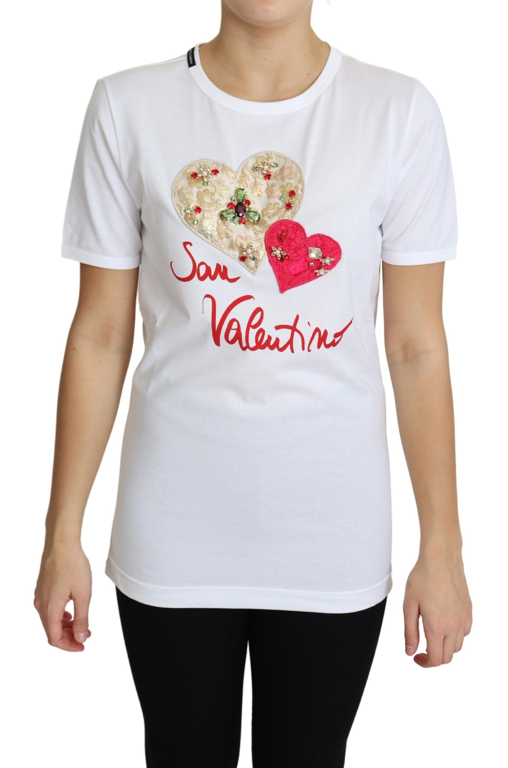 T-shirt blanc Dolce & Gabbana San Valentino avec cristaux en forme de cœur, style élégant et romantique.