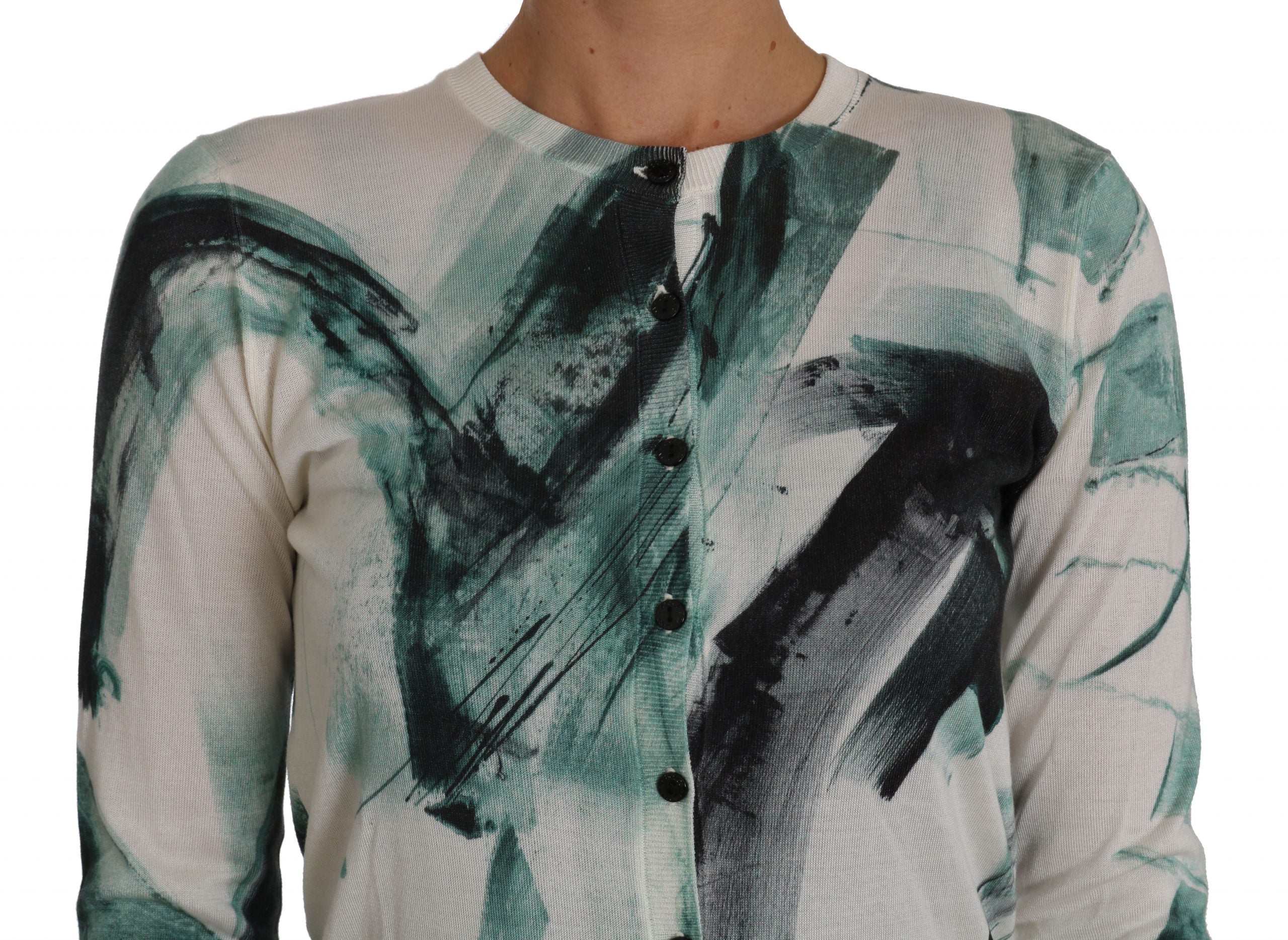 Cardigan en soie blanc Dolce & Gabbana avec motif peinture légère, pull léger et élégant pour femmes.