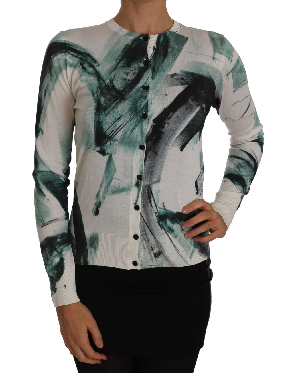 Pull en soie blanche Dolce & Gabbana, cardigan léger avec motif de coups de pinceau peinture, style élégant et sophistiqué.