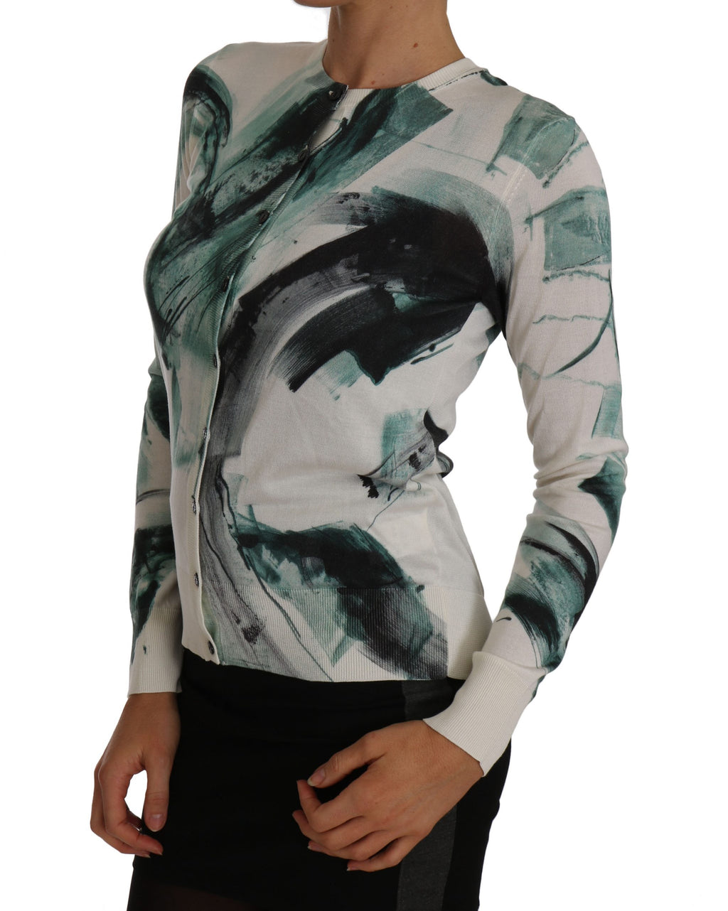 Cardigan en soie blanche Dolce & Gabbana avec motif peinture léger, vêtement élégant et confortable pour femme.