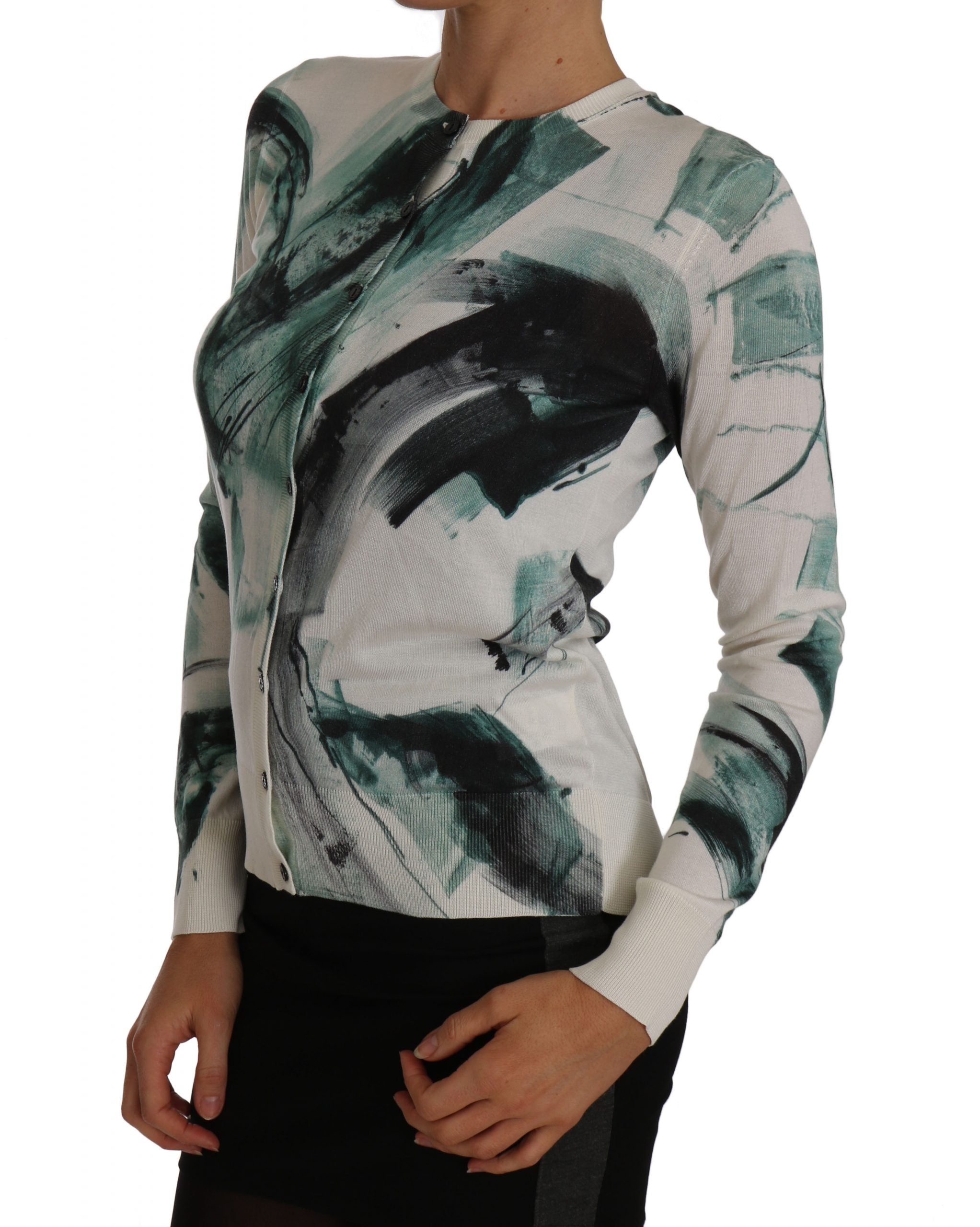 Cardigan en soie blanche Dolce & Gabbana avec motif peinture léger, vêtement élégant et confortable pour femme.