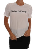 Blouse en soie blanche Dolce & Gabbana Italia Is Love avec logo graphique, portée sur un mannequin.