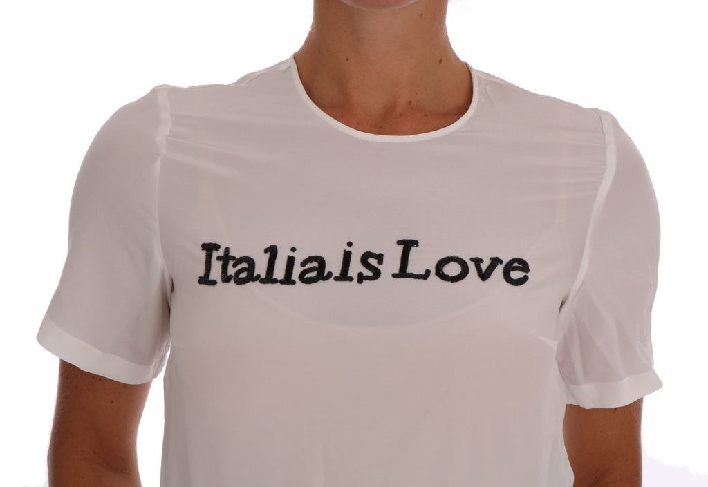 Blouse en soie blanche Dolce & Gabbana Italia Is Love, vue de face, avec détails élégants et logo discret.