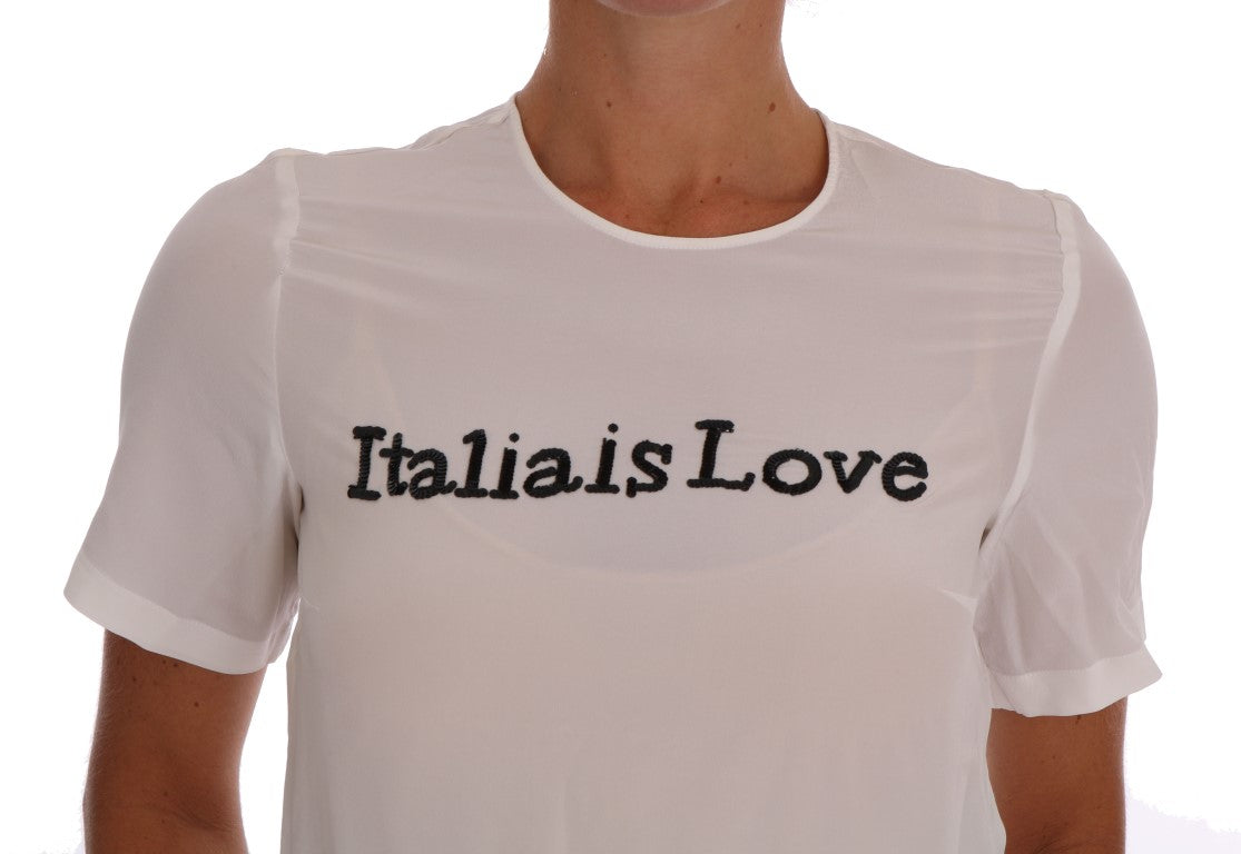 Blouse en soie blanche Dolce & Gabbana Italia Is Love, vue de face, avec détails élégants et logo discret.
