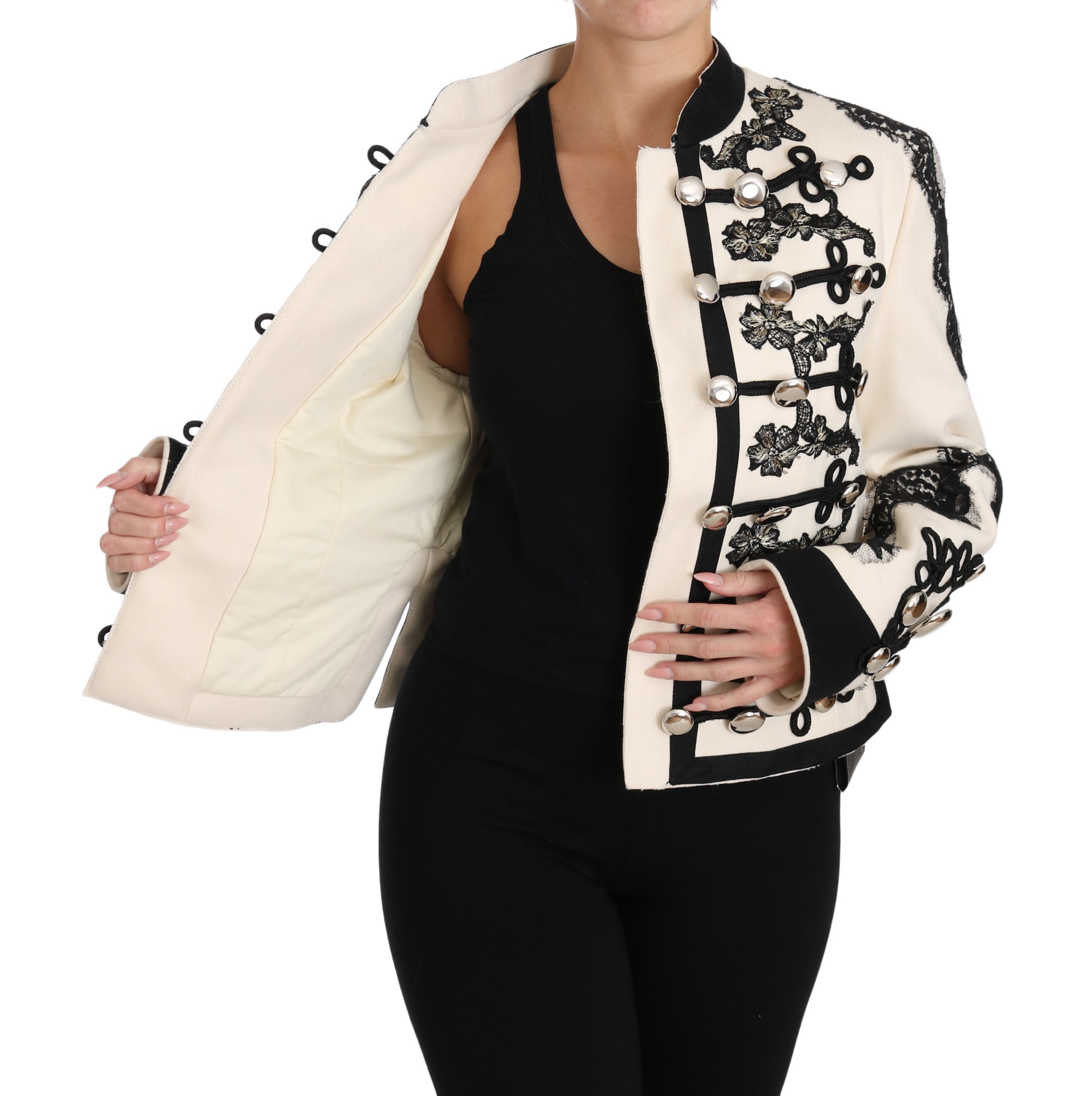 Veste blanche en laine Dolce & Gabbana avec motif floral baroque noir, élégante et sophistiquée.