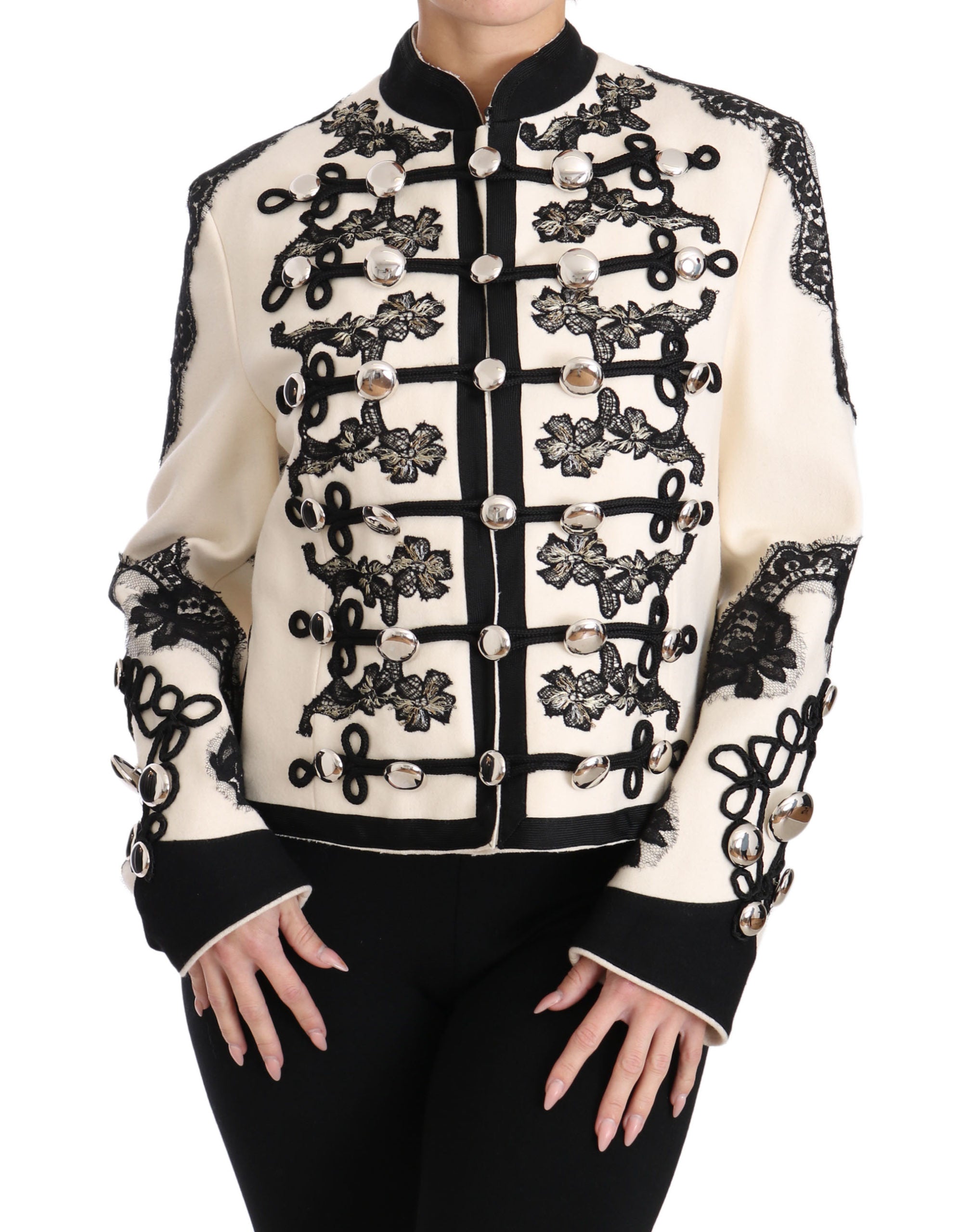 Veste en laine blanche Dolce & Gabbana avec motif floral baroque noir pour femme, élégante et sophistiquée.