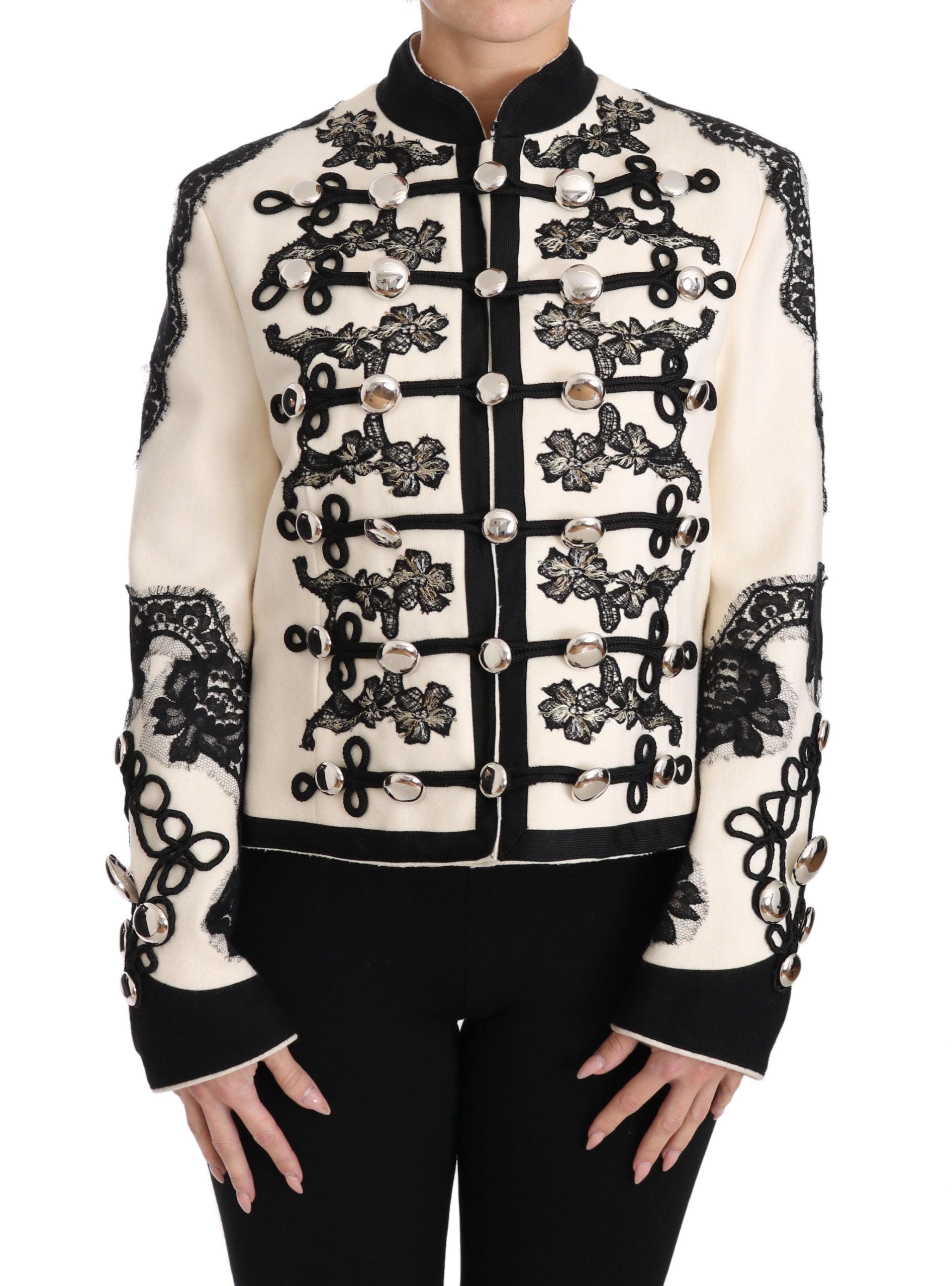 Veste blanche en laine Dolce & Gabbana avec motif floral baroque noir et blanc, élégante et sophistiquée.