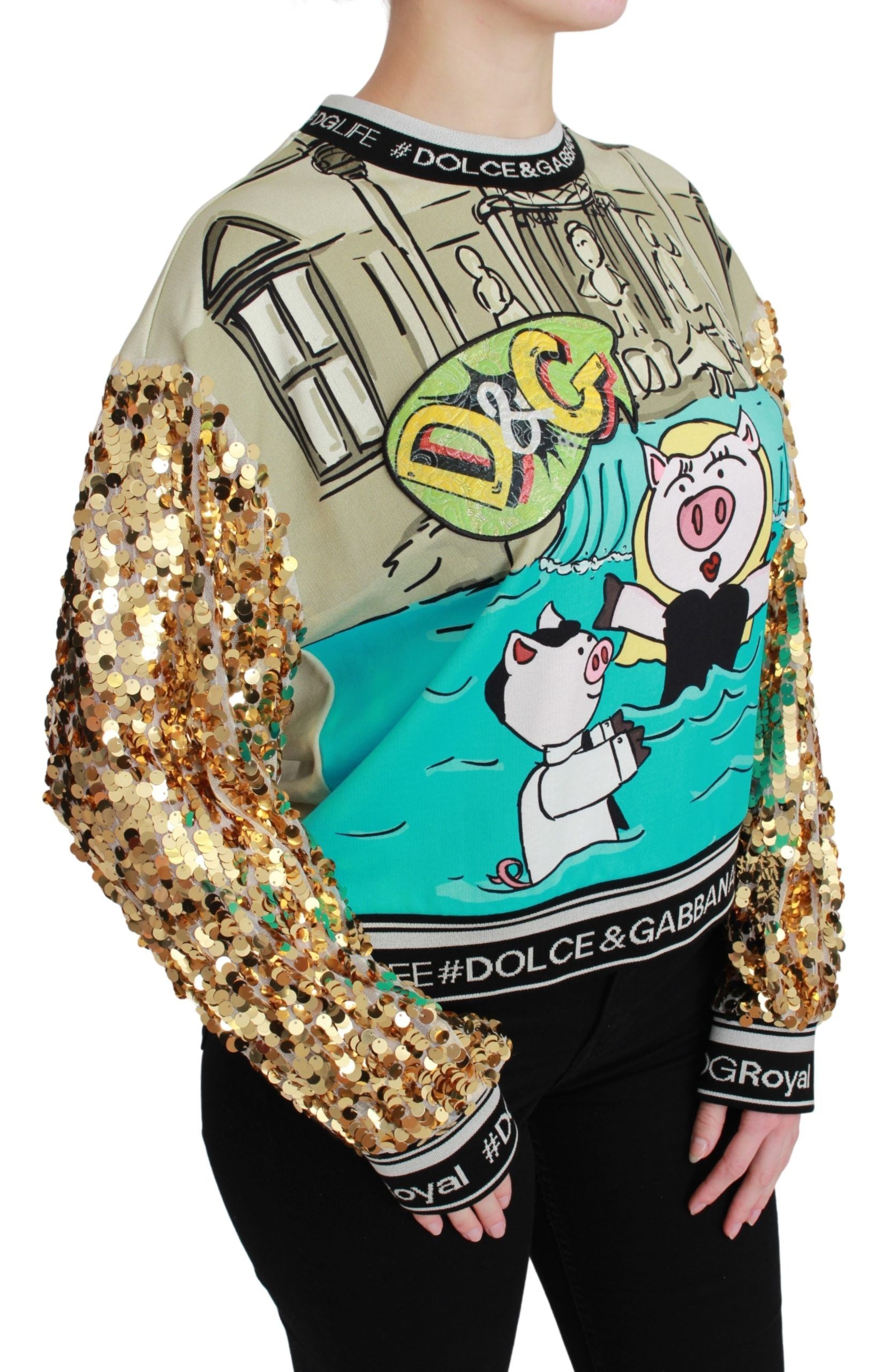 Pull à sequins Dolce & Gabbana Year of the Pig, design festif avec motif de cochon en paillettes sur fond coloré.