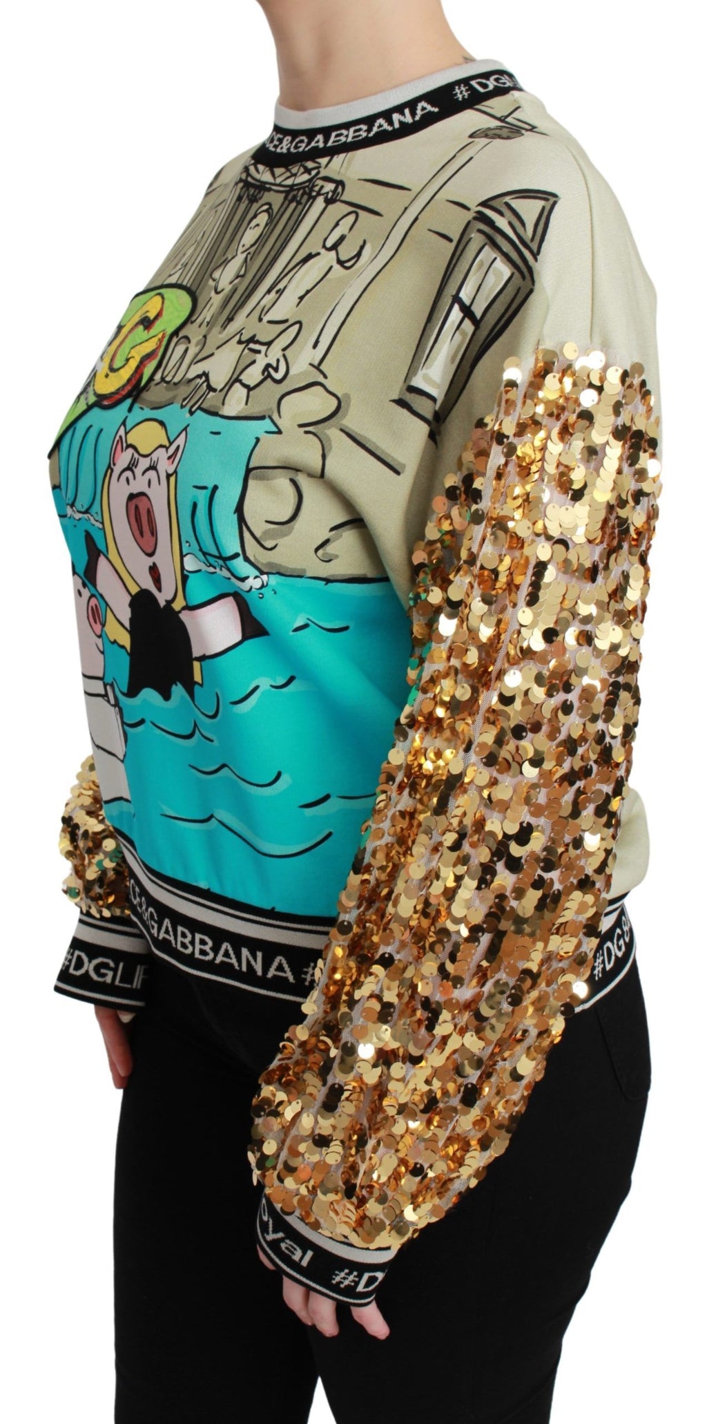 Pull en sequins Dolce & Gabbana année du cochon, haut à manches longues avec motif animal doré et détails brillants.