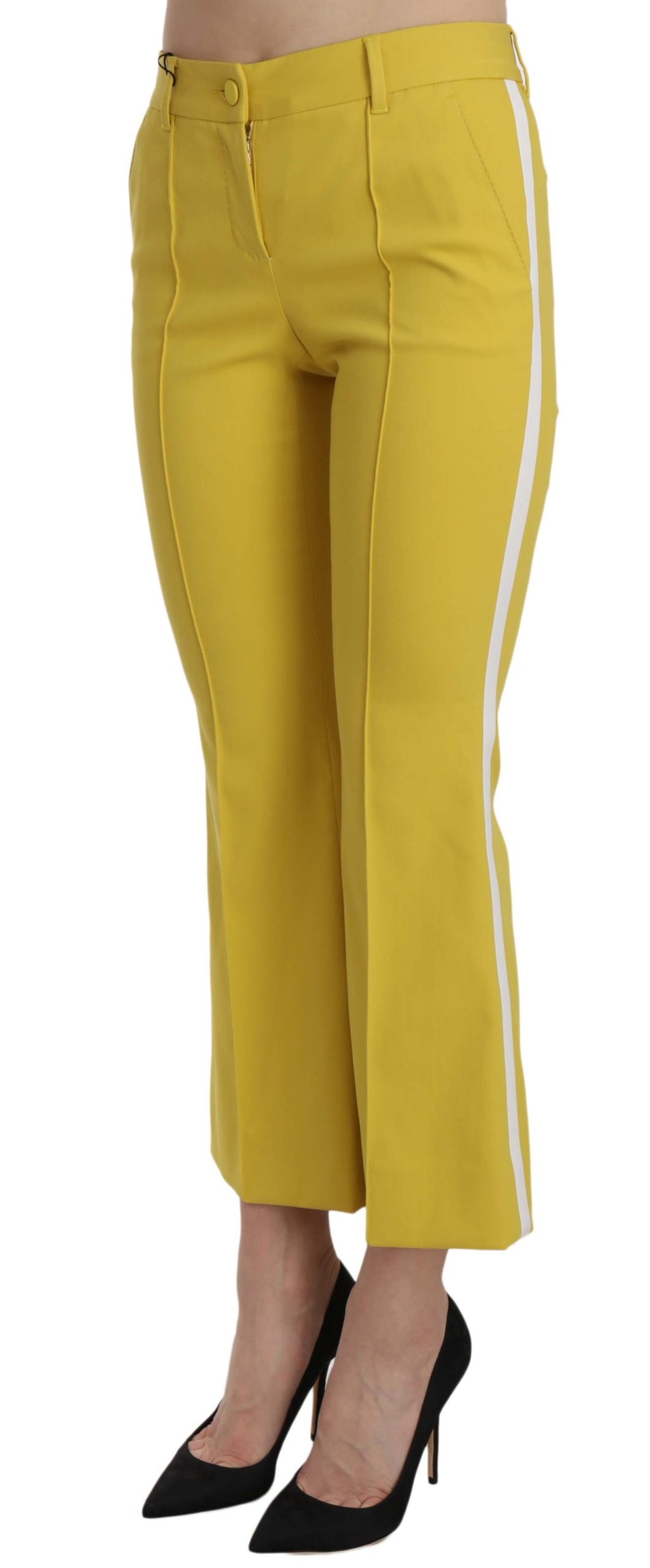 Pantalons capri en coton jaune à jambes évasées et coupe bootcut de Dolce & Gabbana, mode élégante et estivale.