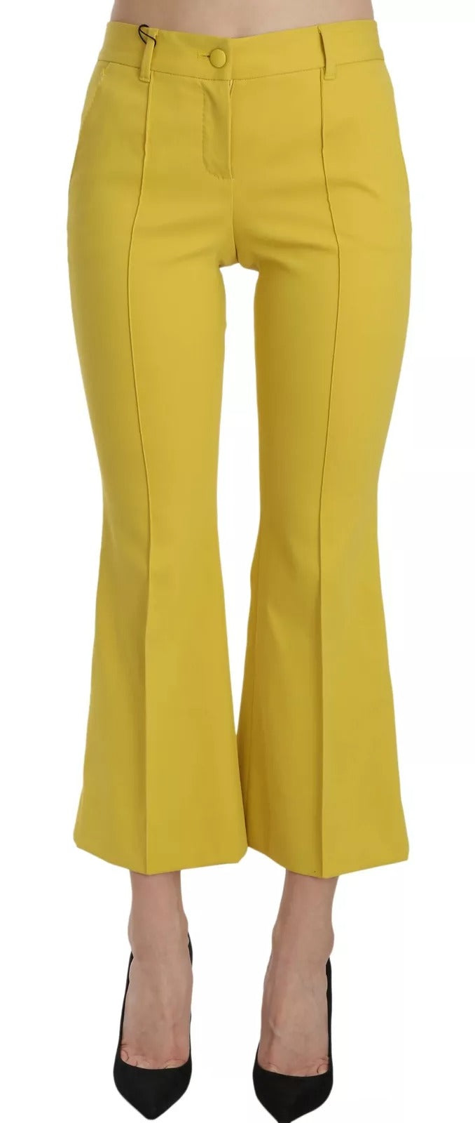 Pantalons capri en coton jaune à coupe évasée et bootcut de Dolce & Gabbana, mode élégante et confortable.
