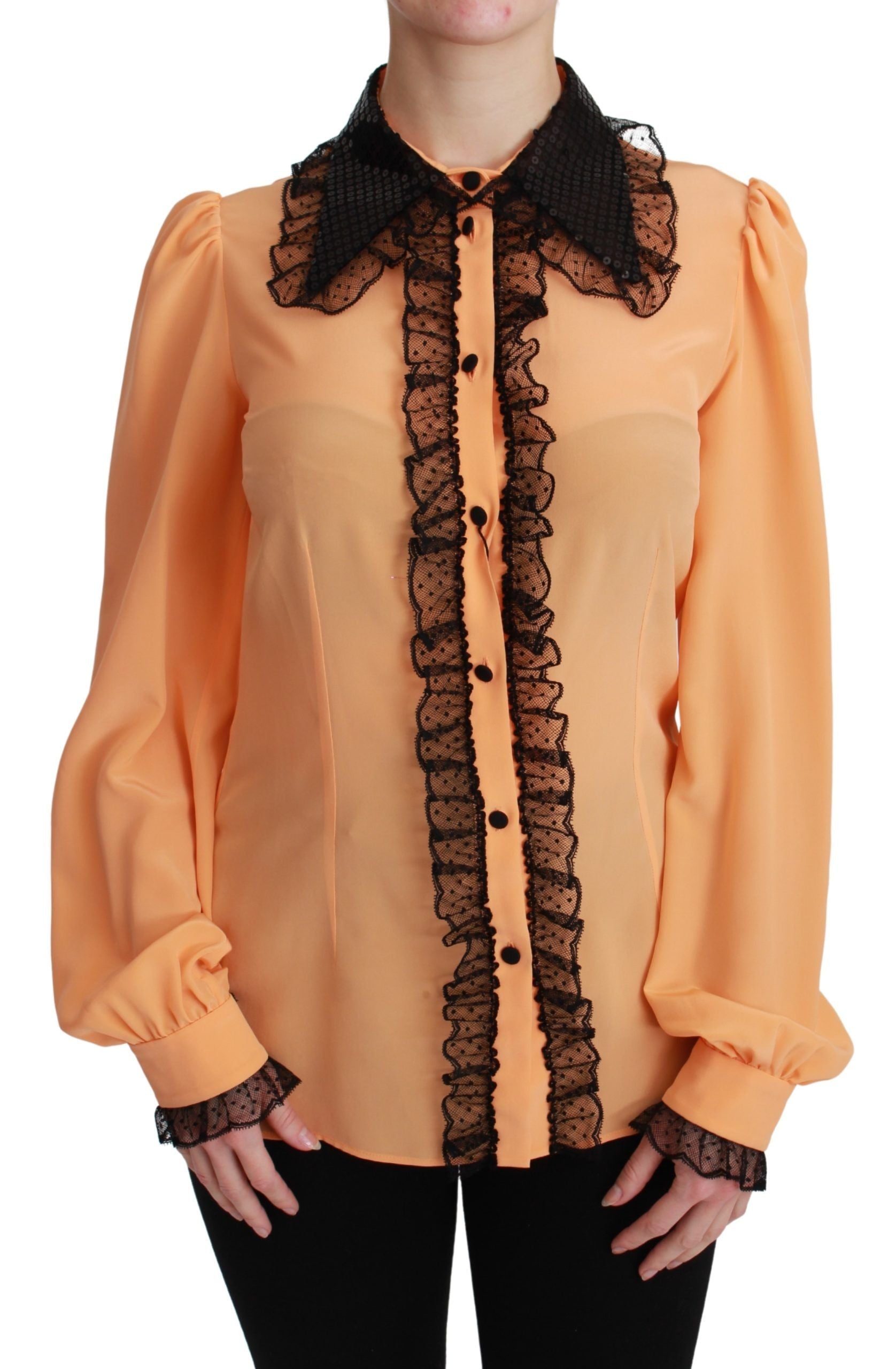 Chemise en soie jaune Dolce & Gabbana avec sequins et dentelle, élégante blouse à manches longues et détails sophistiqués.