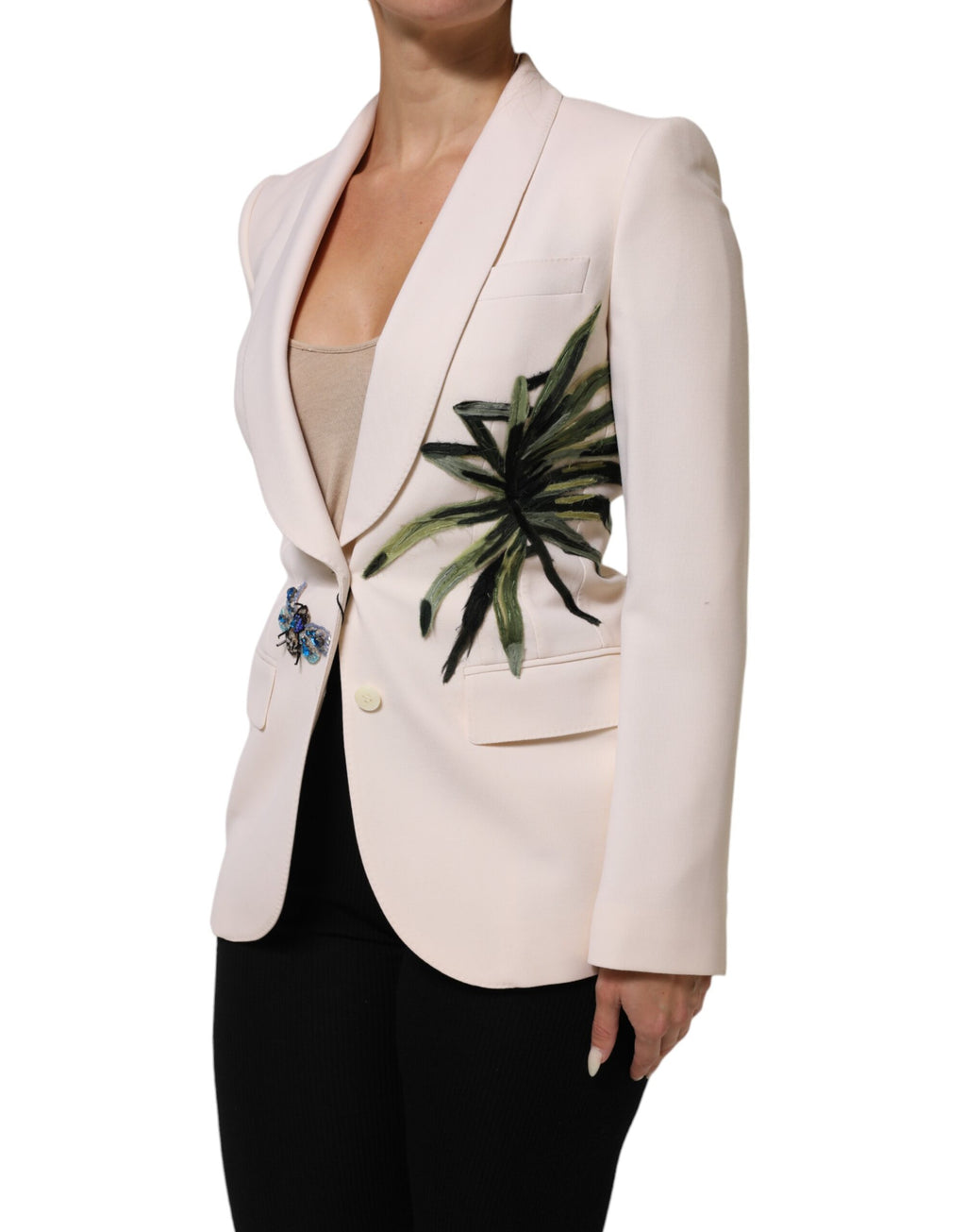 Veste beige Dolce & Gabbana à broderie, à un seul bouton, en tissu élégant, vue de face sur fond neutre.