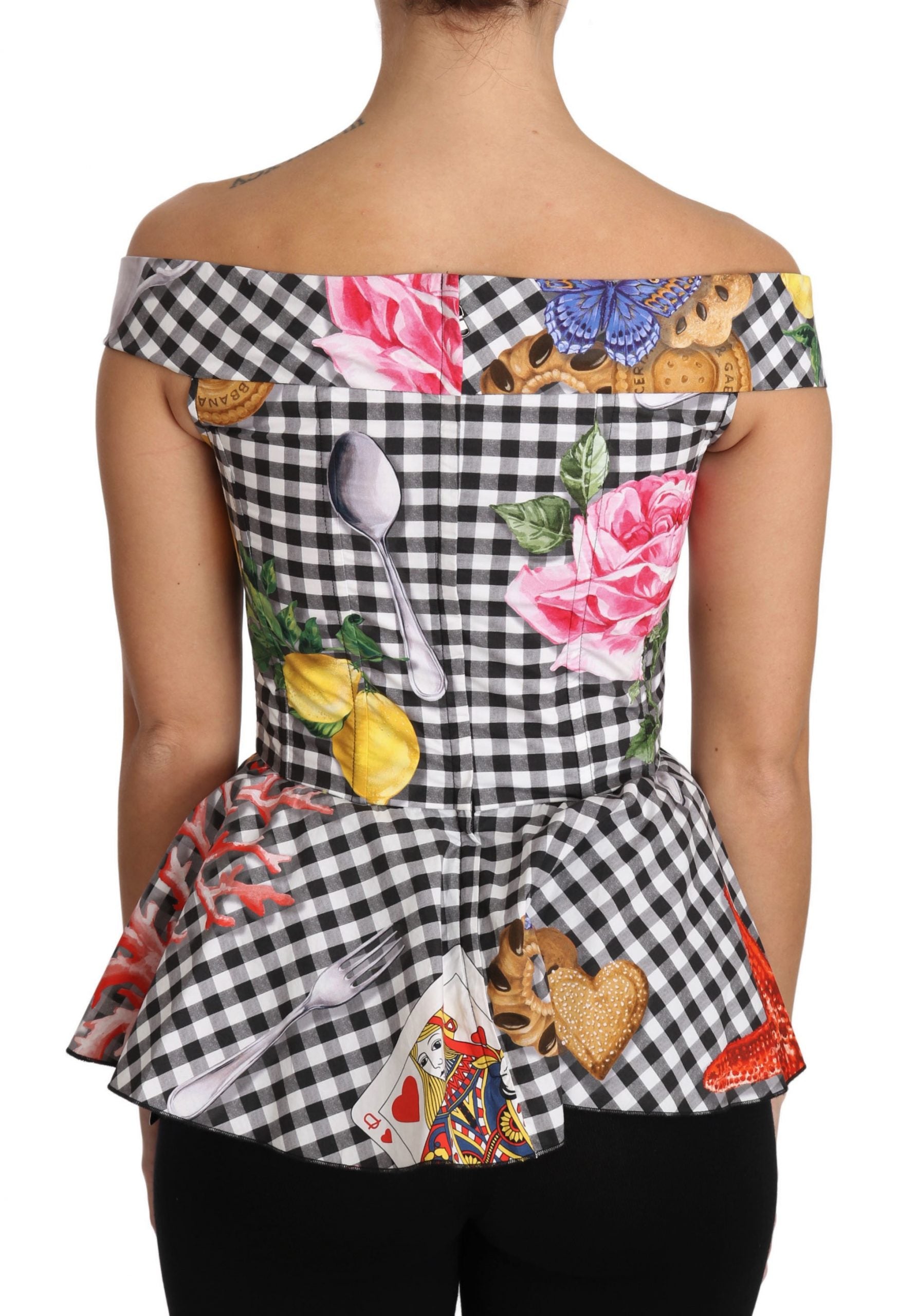 Chemisier corset noir et blanc Dolce & Gabbana Sicily Lemon Check avec détails élégants et motif à carreaux.