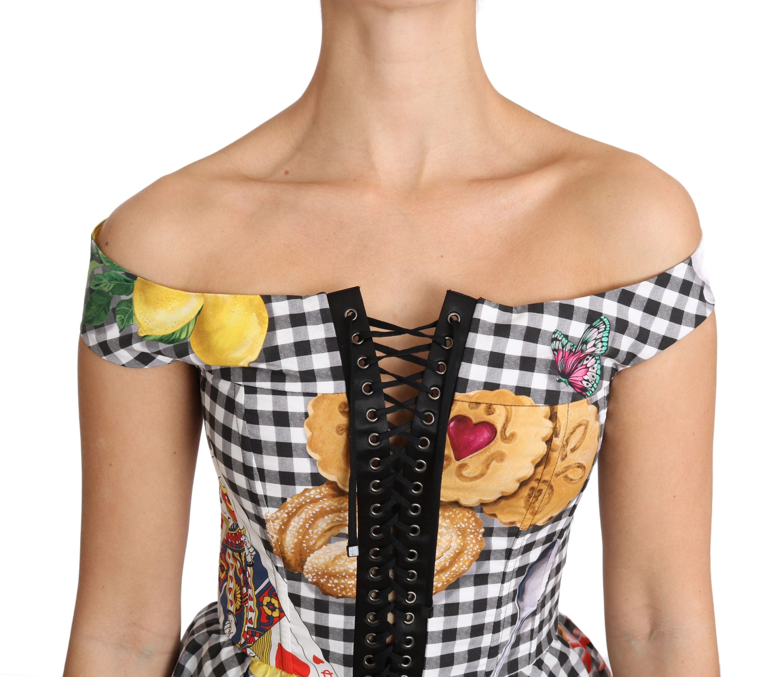 Blouse corset noire et blanche Dolce & Gabbana avec motif Sicily Lemon Check, vue de face.