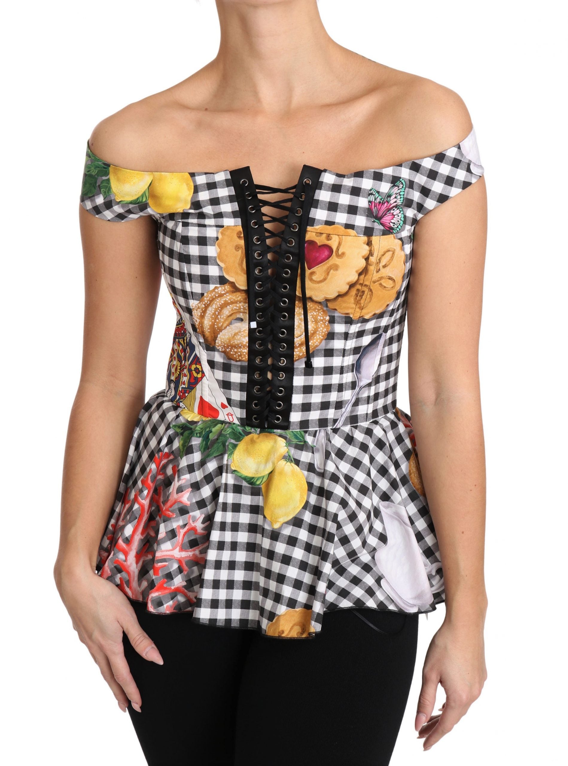 Blouse corset Dolce & Gabbana en noir et blanc avec motif citron de Sicile, style élégant et sophistiqué.