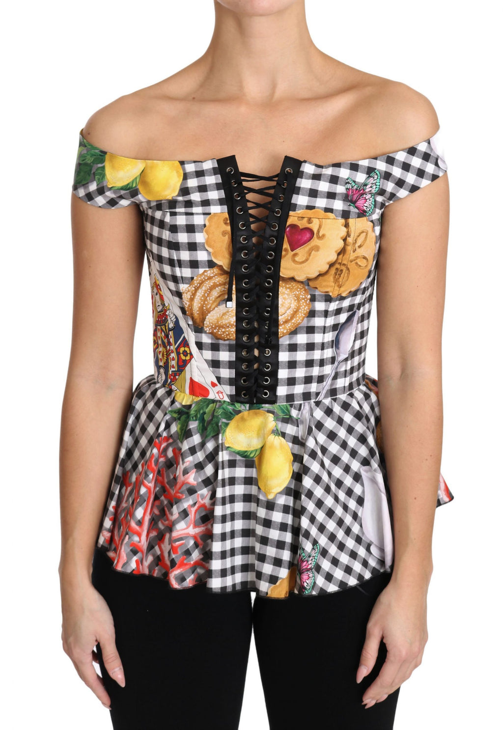 Blouse corset noire et blanche Dolce & Gabbana avec motif Sicily Lemon Check, vue de face.