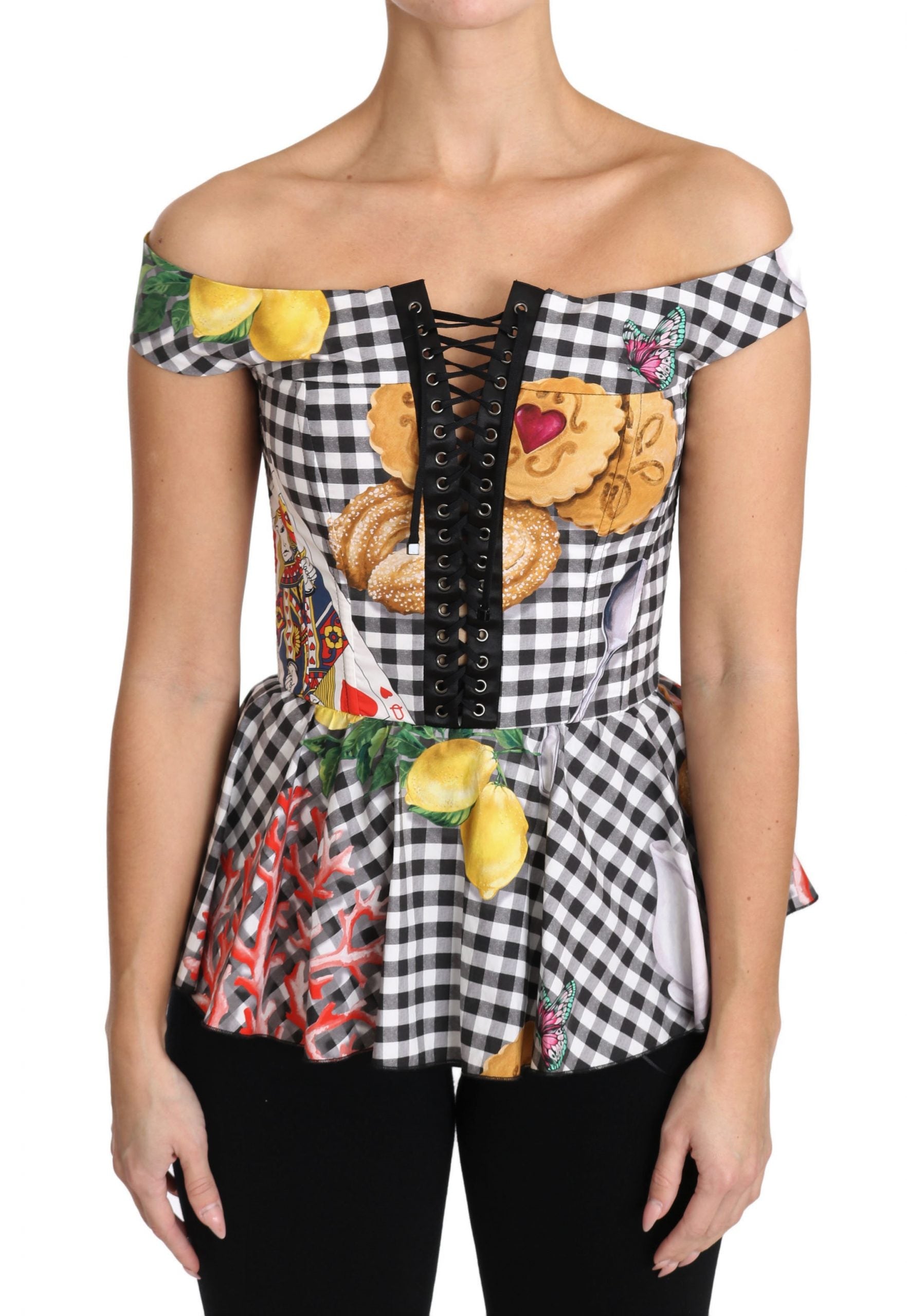 Blouse corset noire et blanche Dolce & Gabbana avec motif Sicily Lemon Check, vue de face.