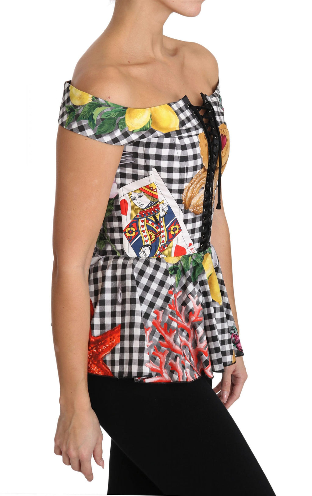 Blouse corset noir et blanc Dolce & Gabbana Sicily avec motif citron check, détail élégant et féminin.