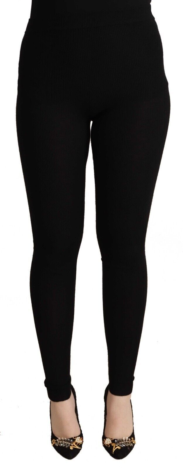 Pantalon Dolce & Gabbana en cachemire noir avec taille élastique, coupe ajustée et tissu stretch élégante.