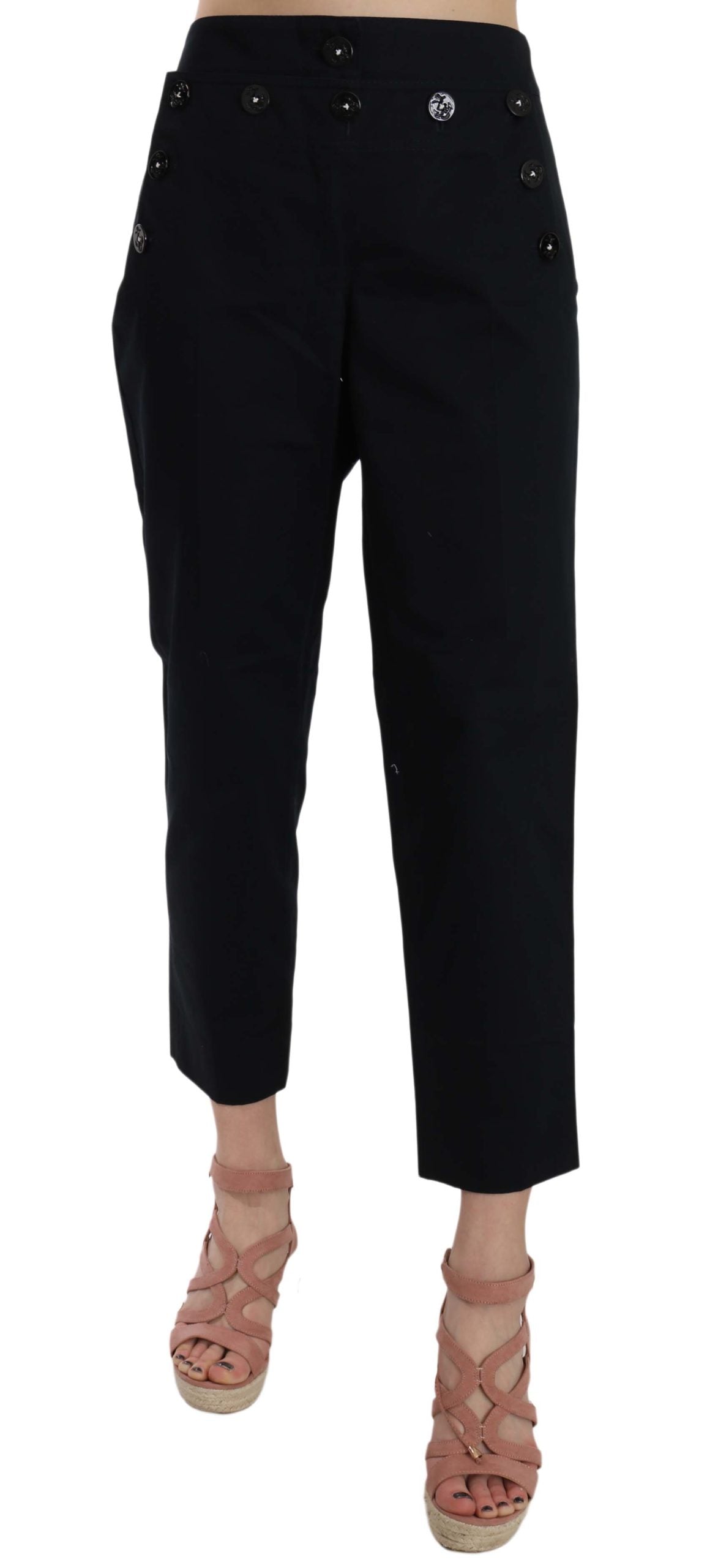 Pantalon noir Dolce & Gabbana taille cropped avec boutons à l'avant et embellissements, style élégant et tendance.