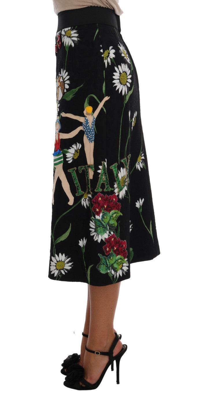 Jupe Dolce & Gabbana en brocart noir avec des embellissements de marguerites, élégante et sophistiquée.