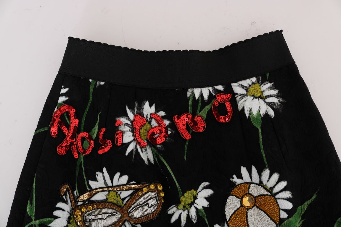 Jupe brocart noire Dolce & Gabbana ornée de paillettes et de motifs de marguerite, élégante et sophistiquée.