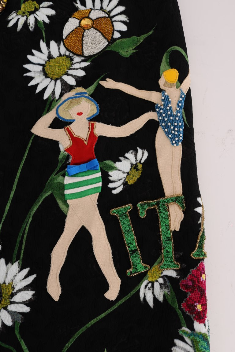 Jupe brocart noire Dolce & Gabbana ornée de broderies de marguerites élégantes.
