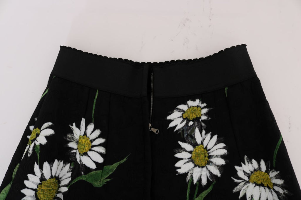 Jupe en brocart à empiècements de marguerites noires de Dolce & Gabbana, élégante et ornée de détails brodés.