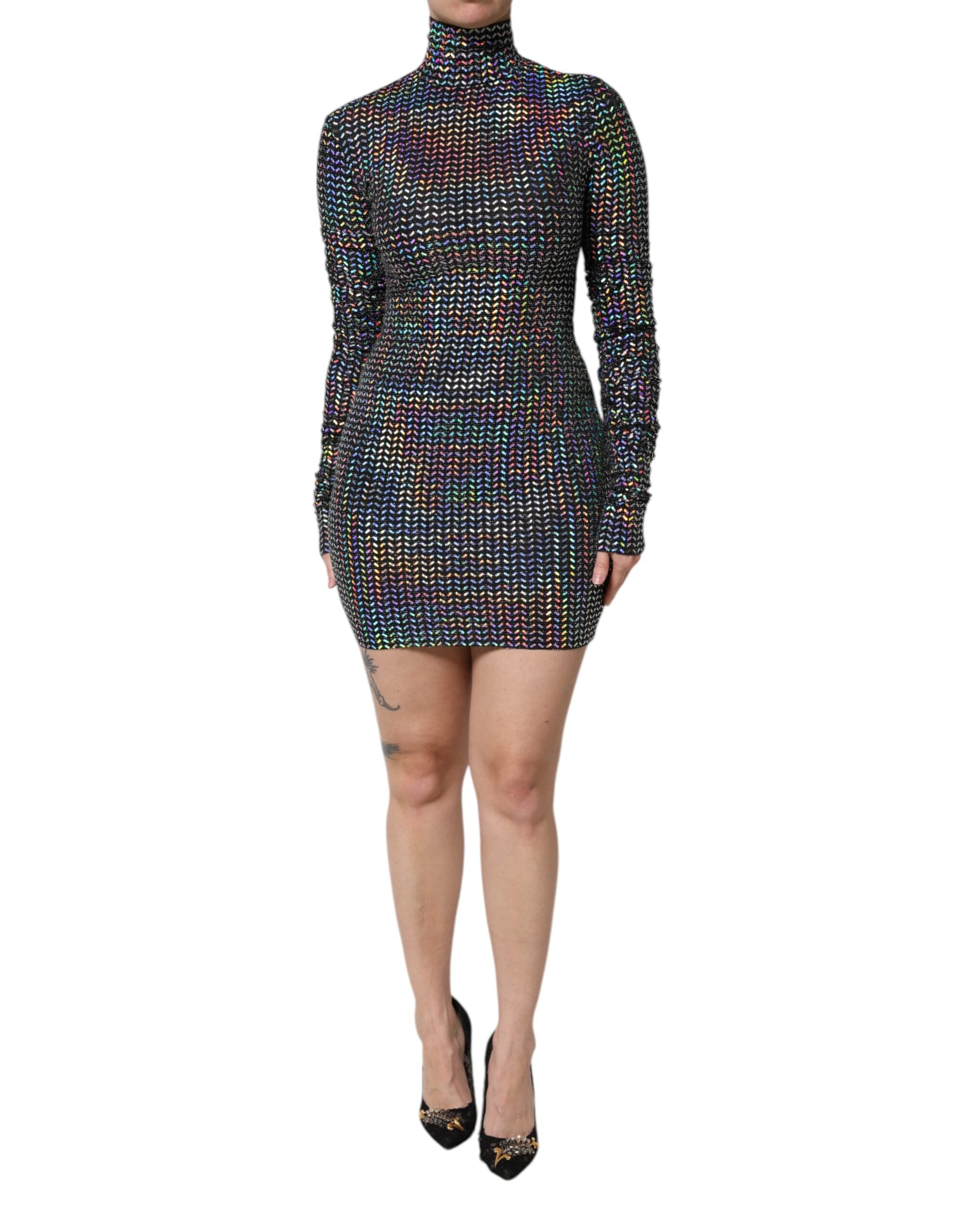 Robe courte noire en nylon Dolce & Gabbana, moulante, ornée de détails embellis, adaptée pour une occasion élégante.