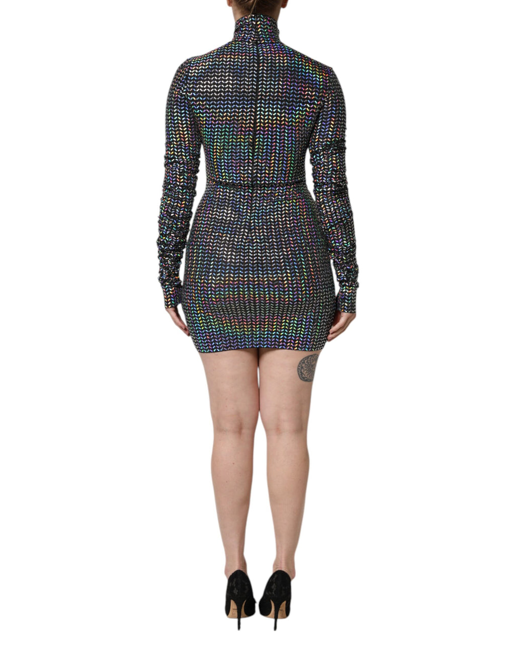 Robe courte noire en nylon à ornements, robe moulante Dolce & Gabbana avec détails brillants et style élégant.