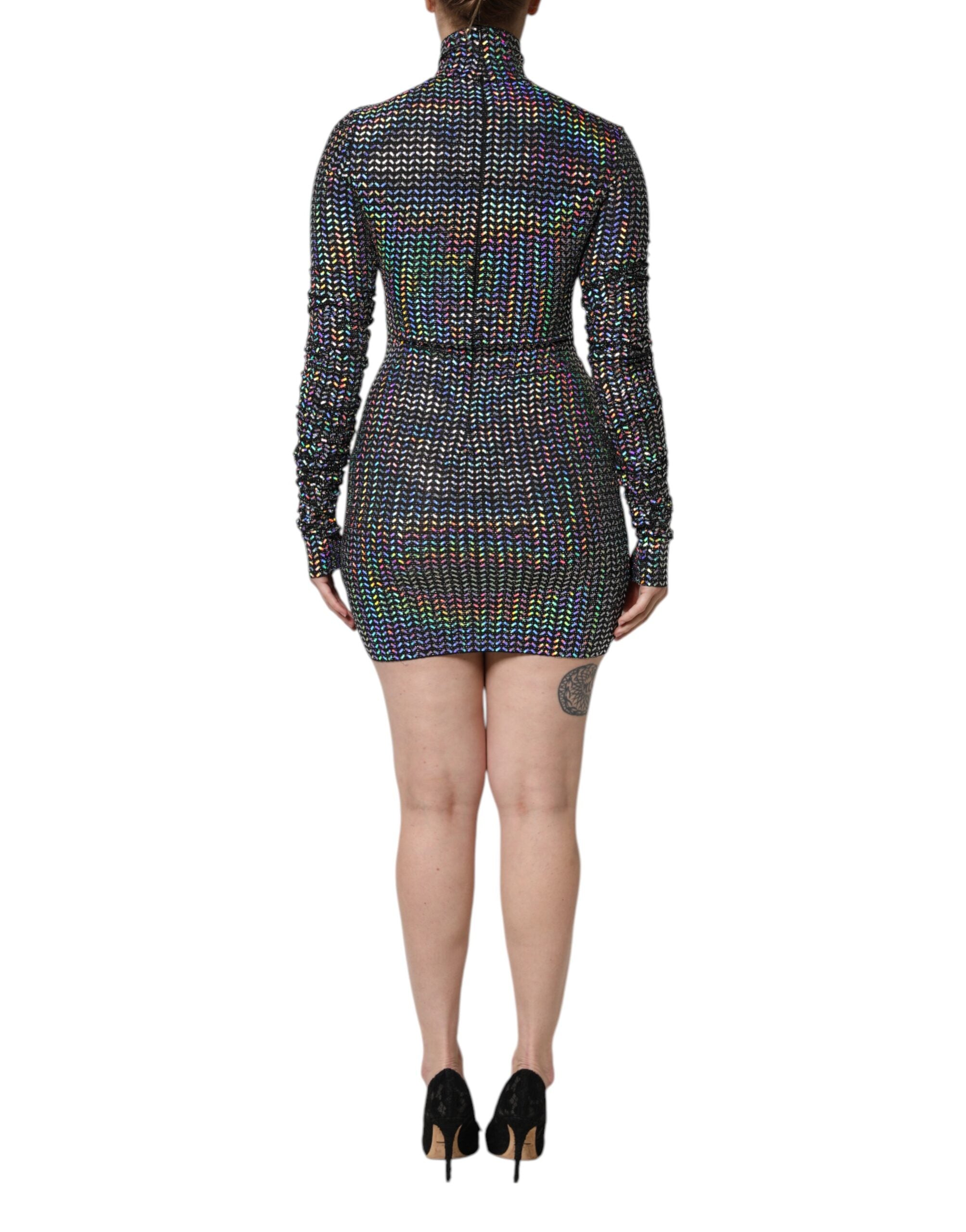 Robe courte noire en nylon à ornements, robe moulante Dolce & Gabbana avec détails brillants et style élégant.