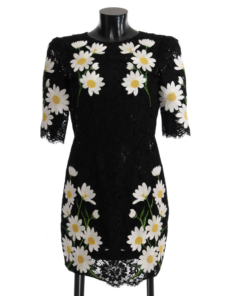 Robe Dolce & Gabbana noire avec dentelle florale chamomille, style Sicily, vue front avec détails élégants.