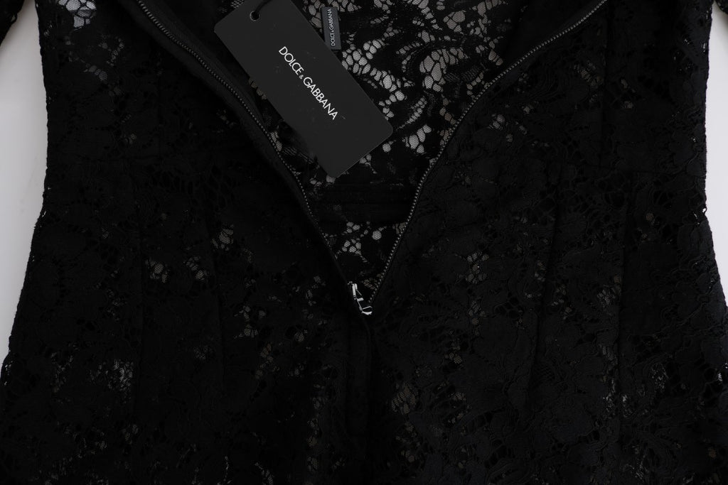 Robe noire Dolce & Gabbana en dentelle florale avec motifs de camomille, élégante et sophistiquée.