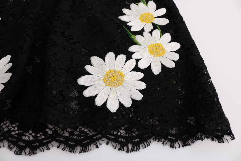 Robe Dolce & Gabbana noire en dentelle florale avec motifs de camomille, style élégant pour la collection Sicily.