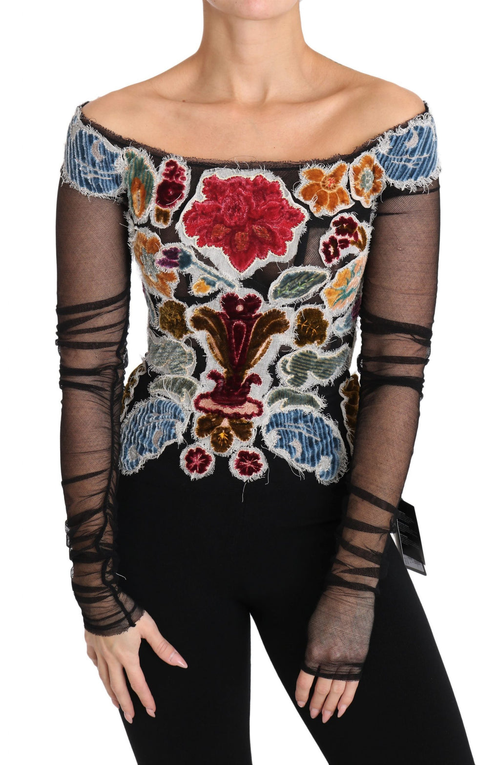 T-shirt Dolce & Gabbana noir avec broderie florale Ricamo, style blouse décontractée et élégante.