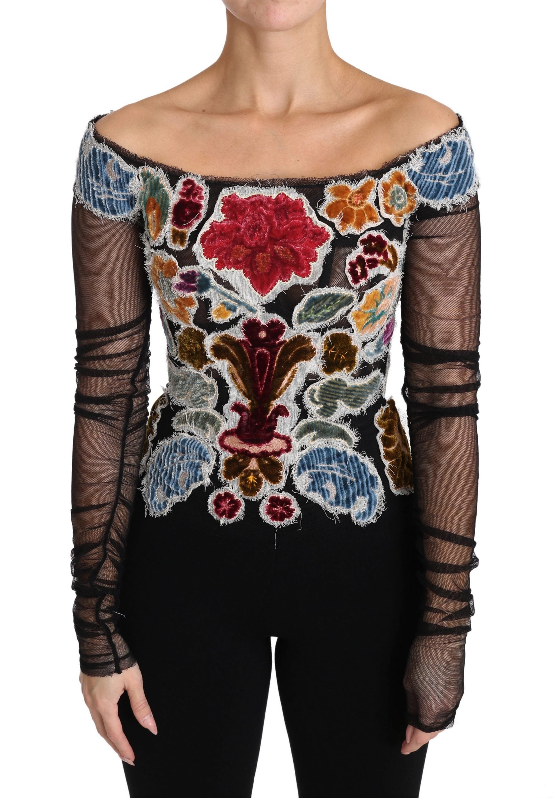 T-shirt noir Dolce & Gabbana à motifs floraux en ricamo, blouse élégante avec détails floraux en relief.