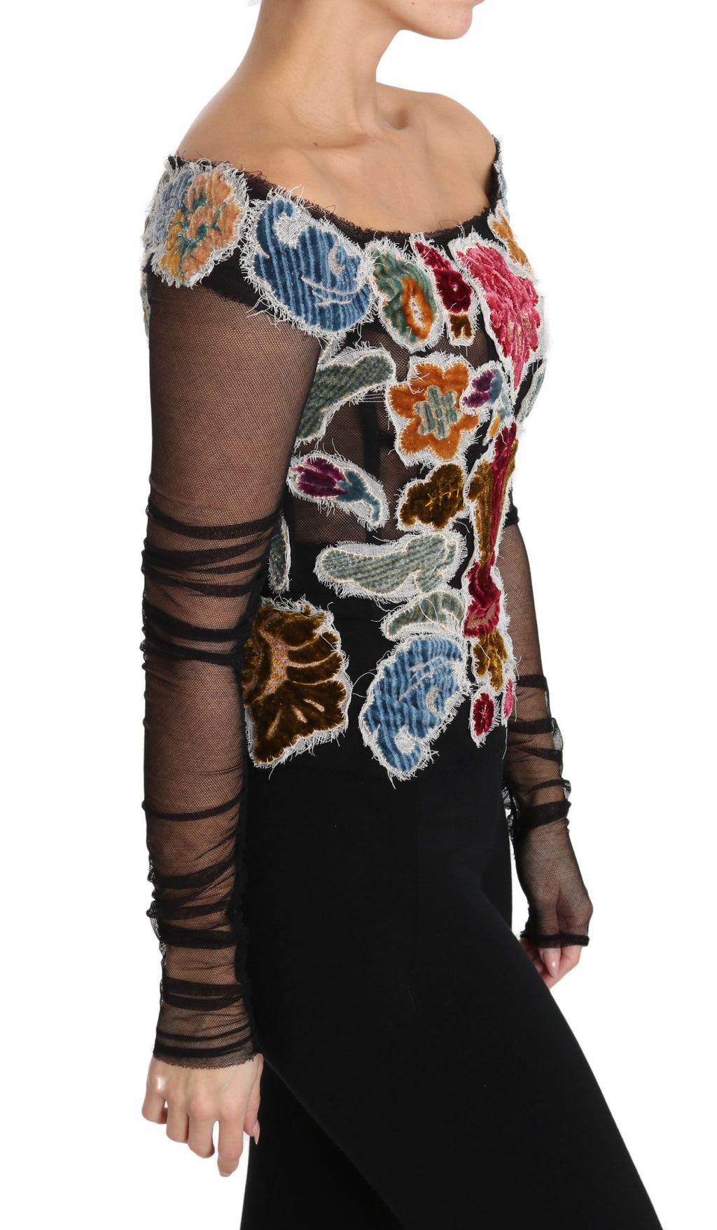 T-shirt Dolce & Gabbana noir avec broderie florale élégante et détails Ricamo, style blouse décontractée.