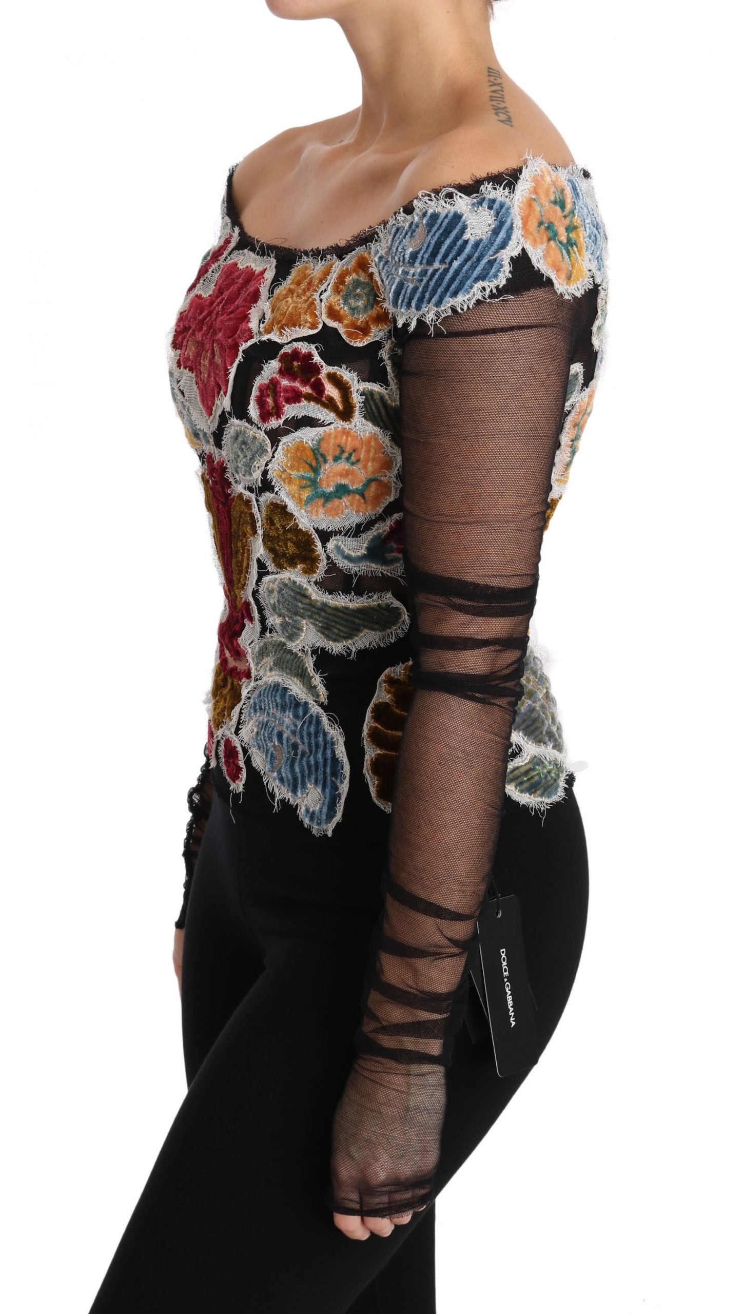 T-shirt Dolce & Gabbana noir avec broderie florale ricamo, style blouse élégante et féminine.