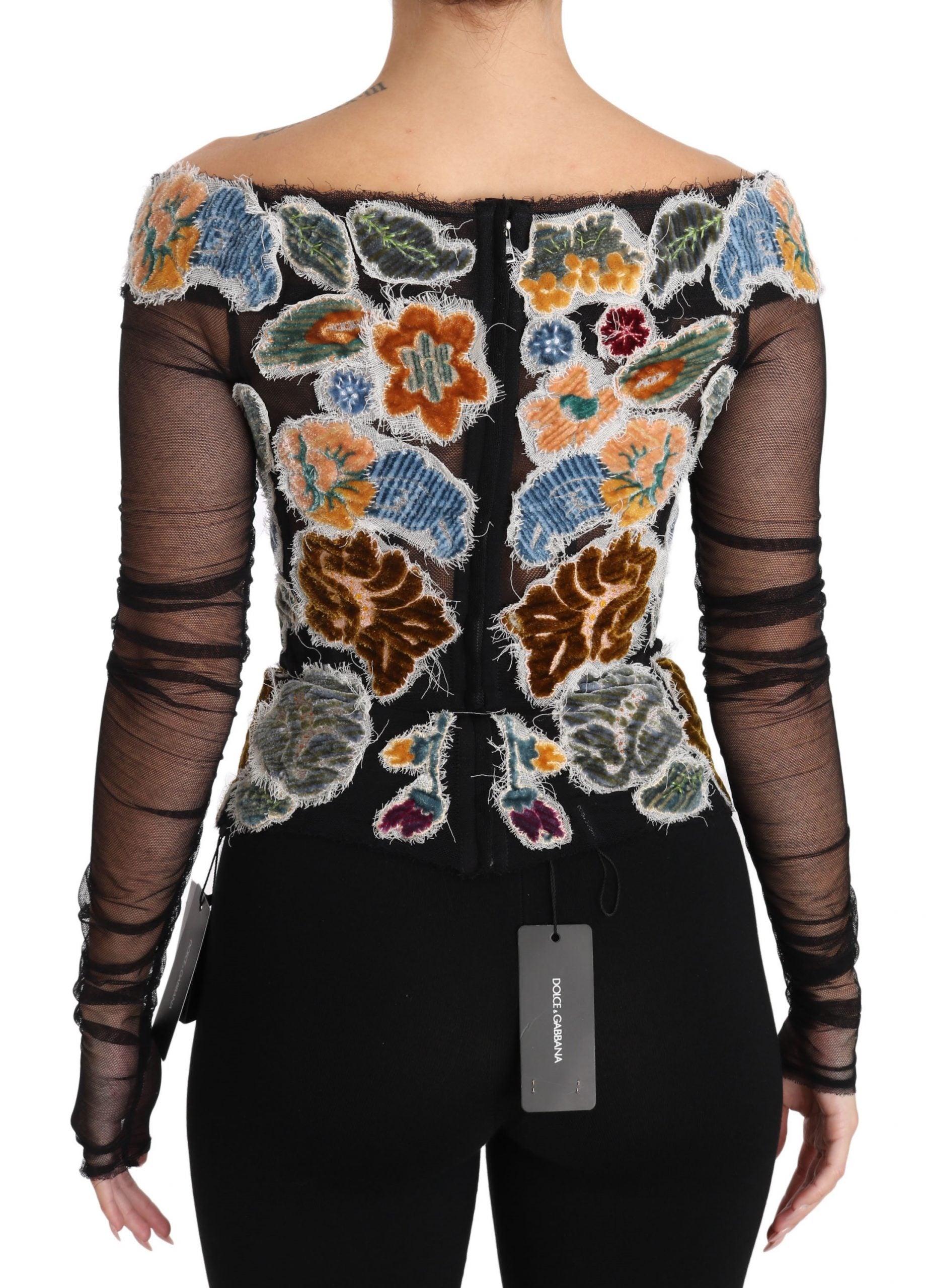 T-shirt Dolce & Gabbana noir avec broderie florale élégante, style blouse légère, en coton avec détails sophistiqués.