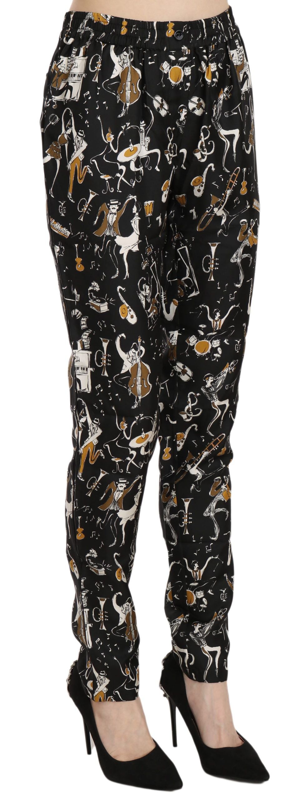 Pantalons taille haute Dolce & Gabbana à motif jazz club noir, coupe fuselée élégante, en tissu fluide.