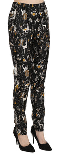 Pantalons taille haute Dolce & Gabbana à motif jazz club noir, coupe fuselée élégante, en tissu fluide.