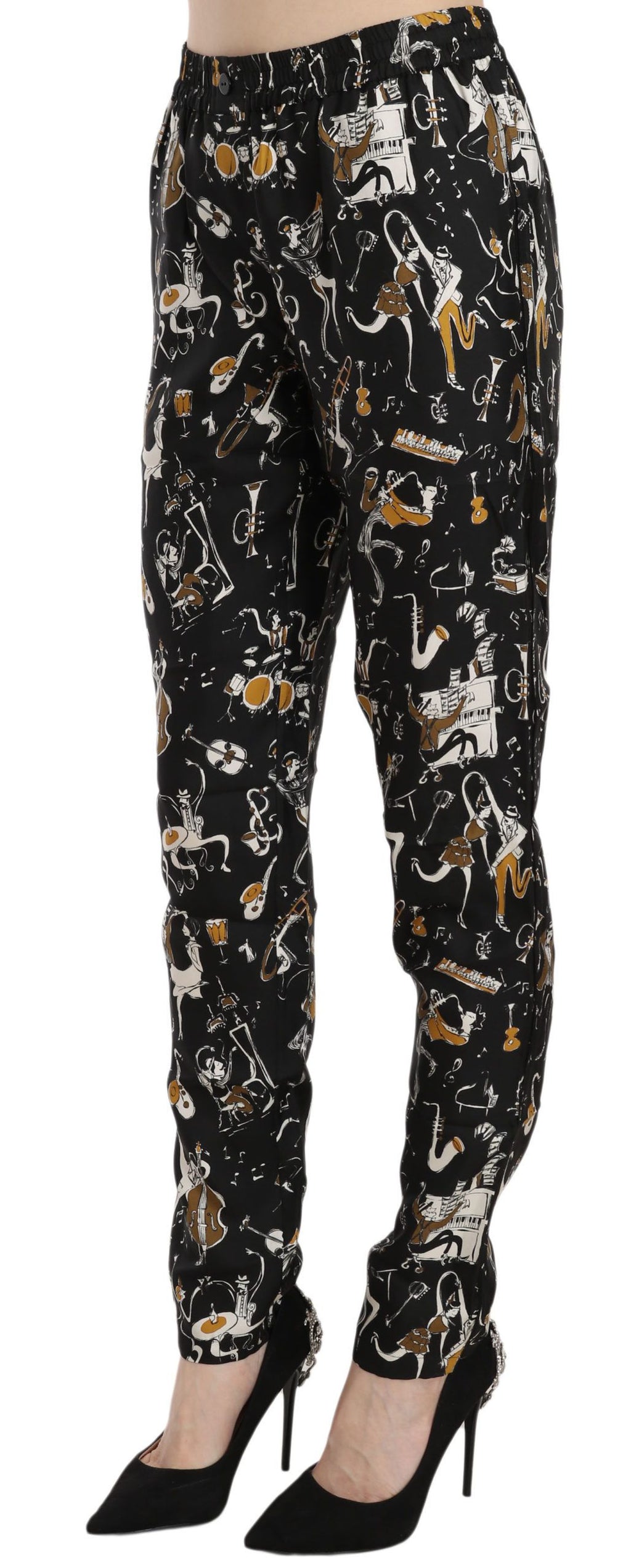 Pantalons noirs taille haute Dolce & Gabbana avec motif Jazz Club, coupe tapered, élégants et modernes pour femme.