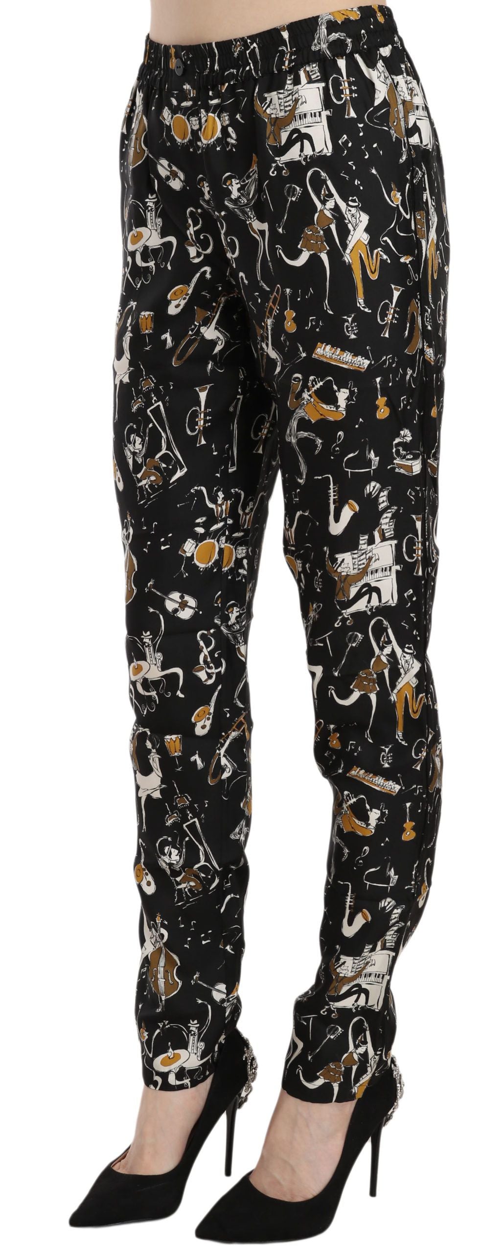 Pantalons noirs taille haute Dolce & Gabbana avec motif Jazz Club, coupe tapered, élégants et modernes pour femme.