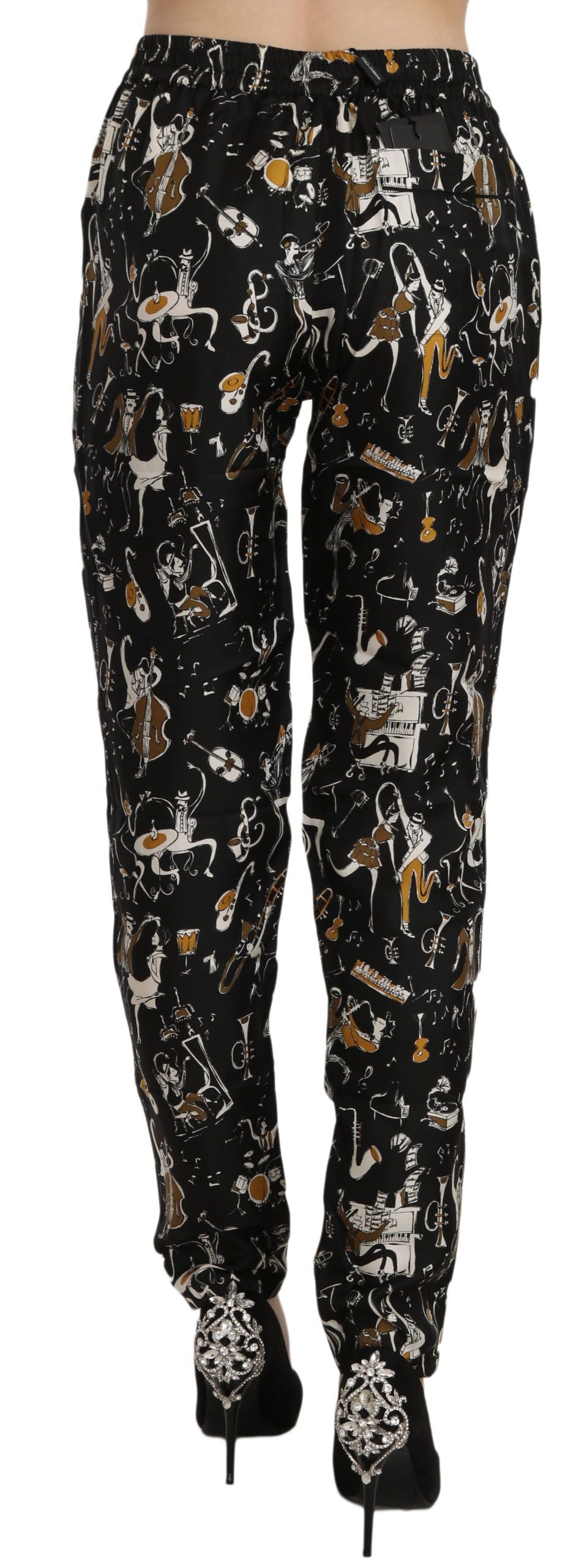 Pantalons noirs à taille haute Dolce & Gabbana avec motif Jazz Club, coupe tapered et style élégant.
