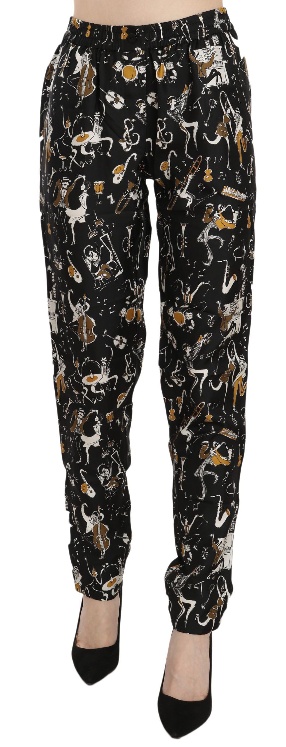 Pantalons tapered à taille haute Dolce & Gabbana avec motif jazz noir, élégants et modernes.